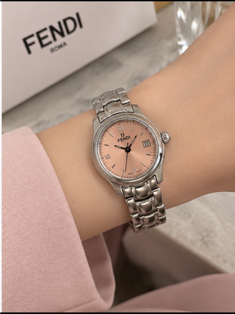 Fendi Silver Bracelet Watch with Pink Dial 210L Swiss made